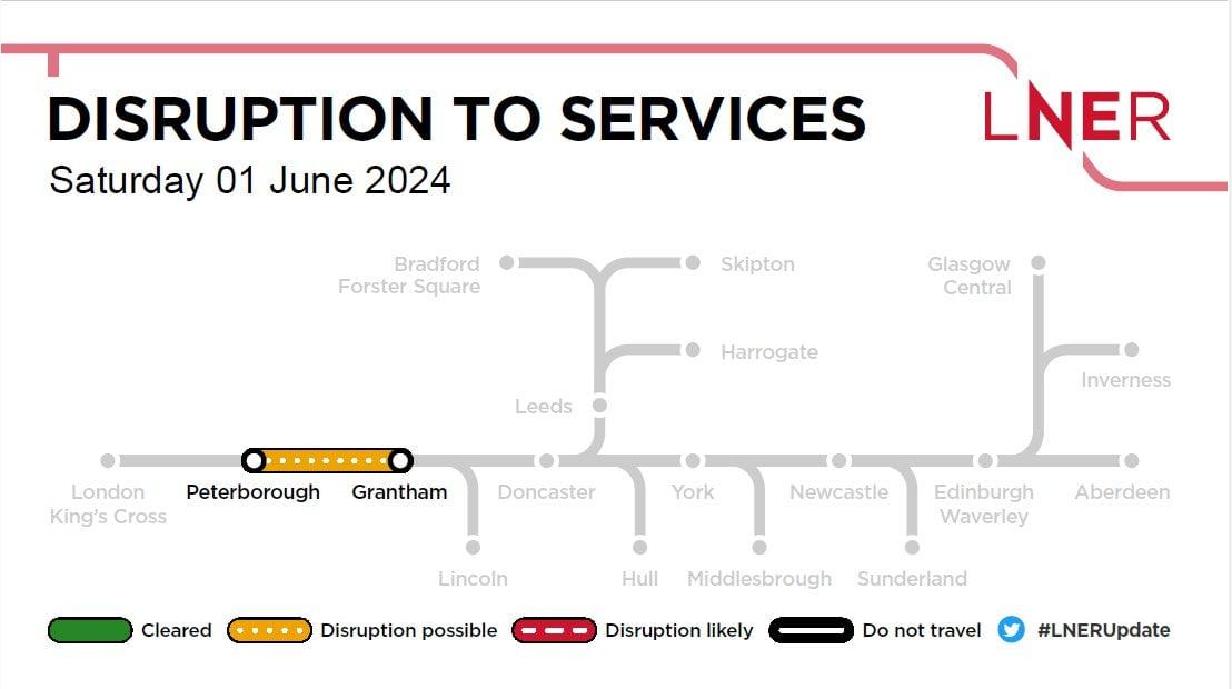 ⚠️#LNERUpdate Due to minor damage to the overhead electric wires between #Peterborough and #Grantham, services may be subject to delays when passing in the surrounding area. ℹ️ For live train updates: